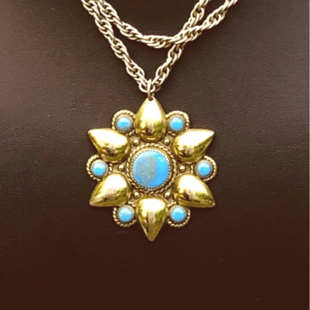 Vintage Bell Trading Post Nickel Silver and Faux Turquoise Sunburst Floral Neckl